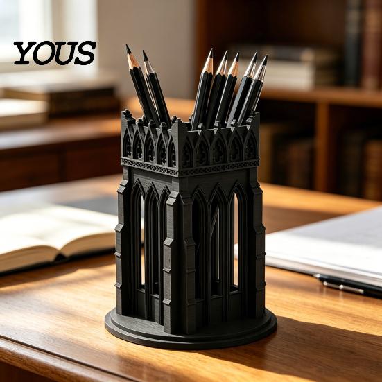 Medieval Style Pencil Holder Gothic Pen Holder, Cathedral Makeup Brush 3D Printed Church Architecture Desk Organizer Organizer, Vanity Storage Cup for