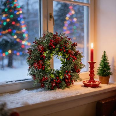Yousheng Artificial Red Berry Wreath Indoor Outdoor Front Door Wall Hanging Christmas Holy Berry Garland Holiday Party Decoration Ornament