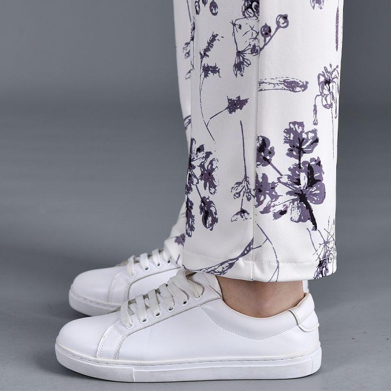 2025 Summer New Versatile Elastic Waist Straight Leg Pants Cuihua Print - Slimming, Stretchy Women's Long Trendy Body Shaping Pants