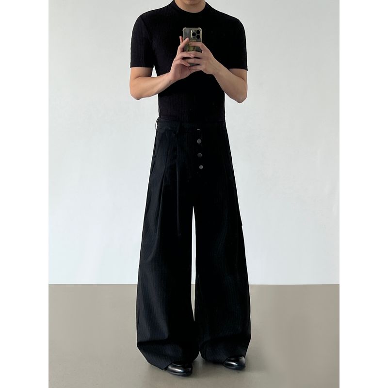 Blaexit American-Style Cleanfit Striped Black Dress Pants for Men, Straight-Leg Pleated Casual Wide-Leg Pants, A-Line Long Pants
