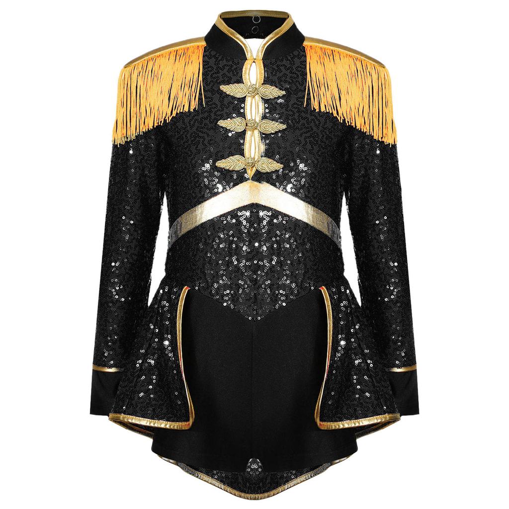 Girls Circus Magician Costume Long Sleeve Sequin Bodysuit with Fringe Epaulets and Sparkle Tassels for Carnival Themed Performances