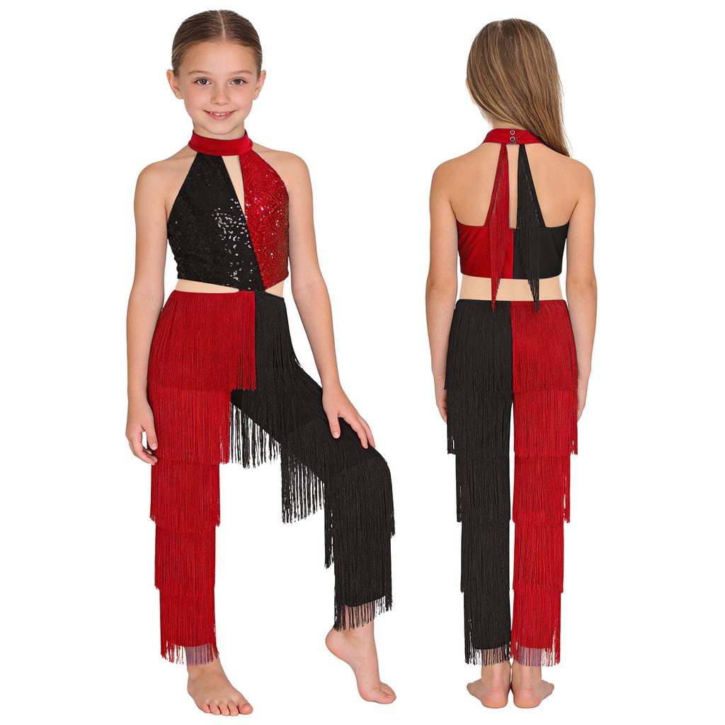 Lateinischer Tanz Wettbewerbskostüm für Mädchen: Colorblock Pailletten Quasten Jumpsuit, Neckholder Ärmellos mit Cut-out Rücken für Bühnenauftritt