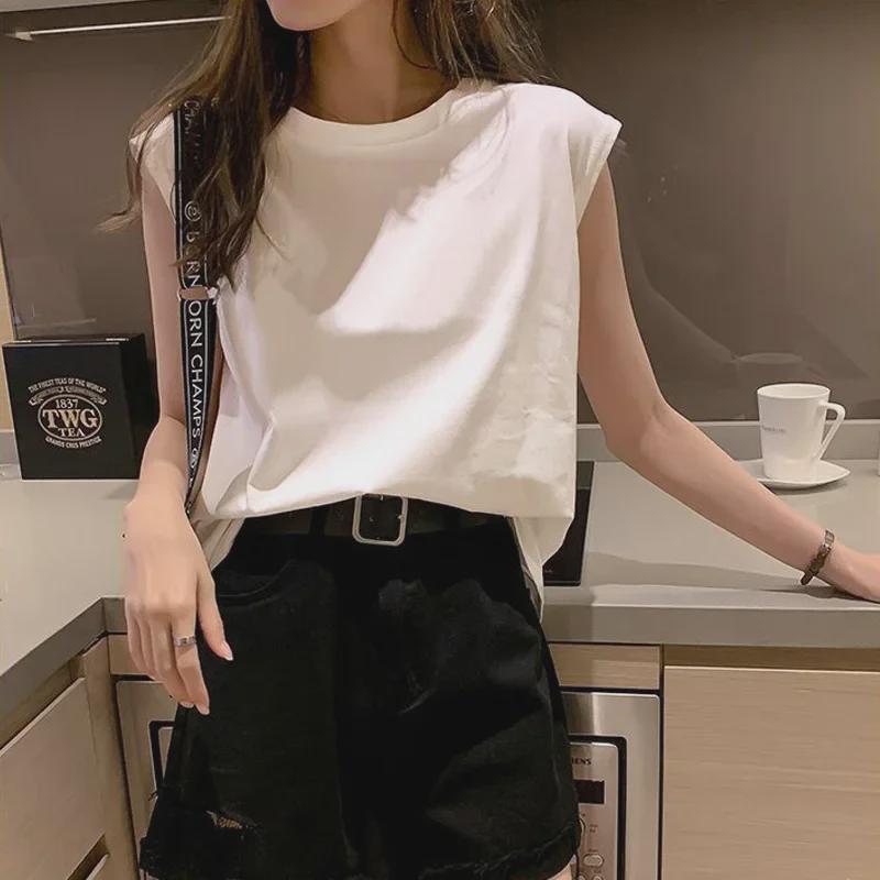 Women's Sleeveless Right-Angle Shoulder T-Shirt Vest - Casual Loose Fit, I-Shaped, Solid Color for Summer.