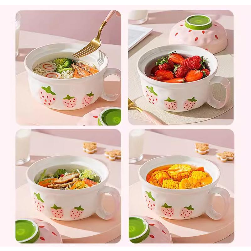 Kawaii Erdbeere Ramen Schüssel mit Deckel Keramik Niedlich Frucht Suppe Salat Instantnudeln Große Schüssel Heimküche Geschirr 700ml