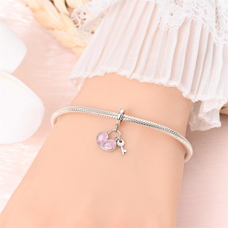 Original Copper Charms Luxury Pink Heart Pendant Lock Key Beads Fit Bracelet Diy Women Making Delicate Gift