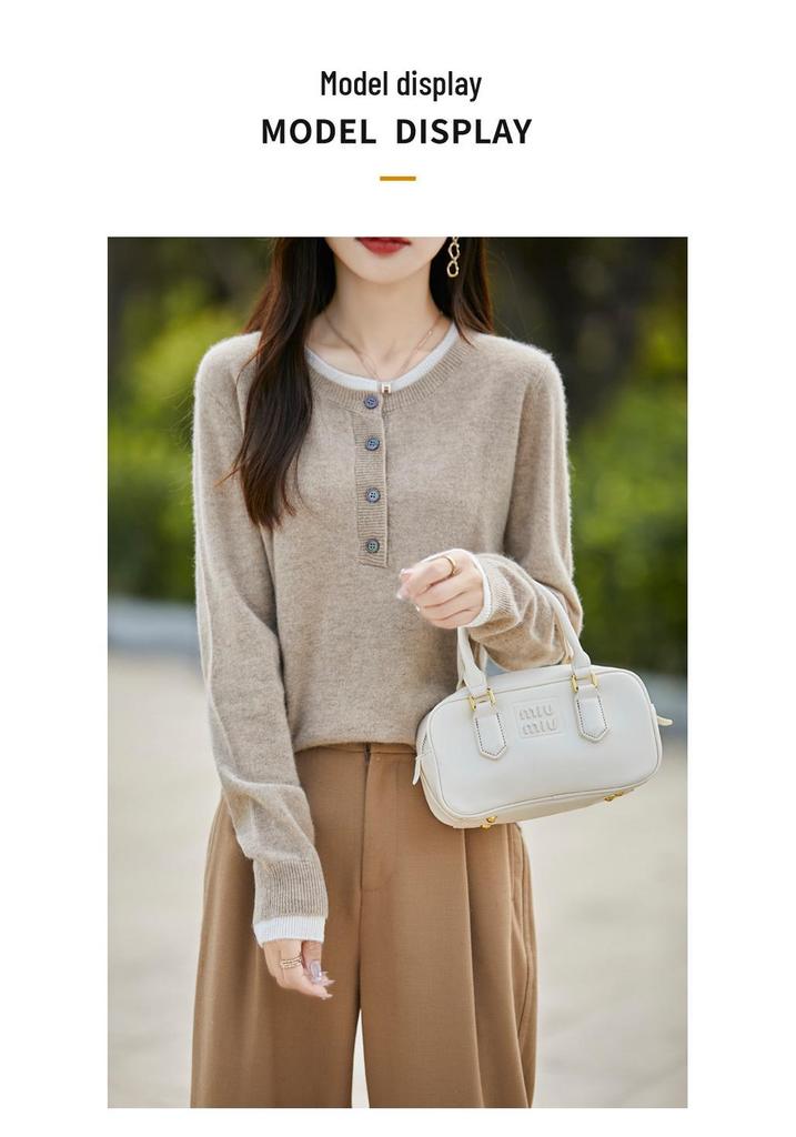 Women's Retro Color Block 100% Wool Round Neck Sweater - Slimming, Versatile, Stylish Knitwear for Autumn/Winter