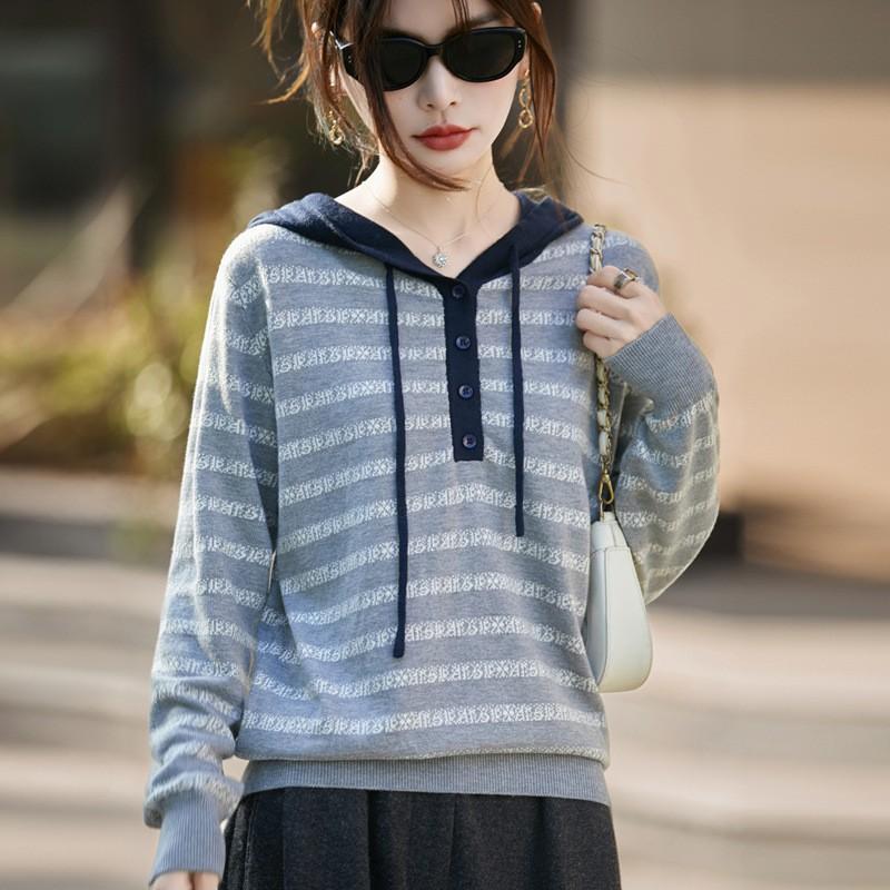 Womens Striped Hooded Wool Blend Knit Sweater Casual Oversized Pullover Top Office Daily Wear