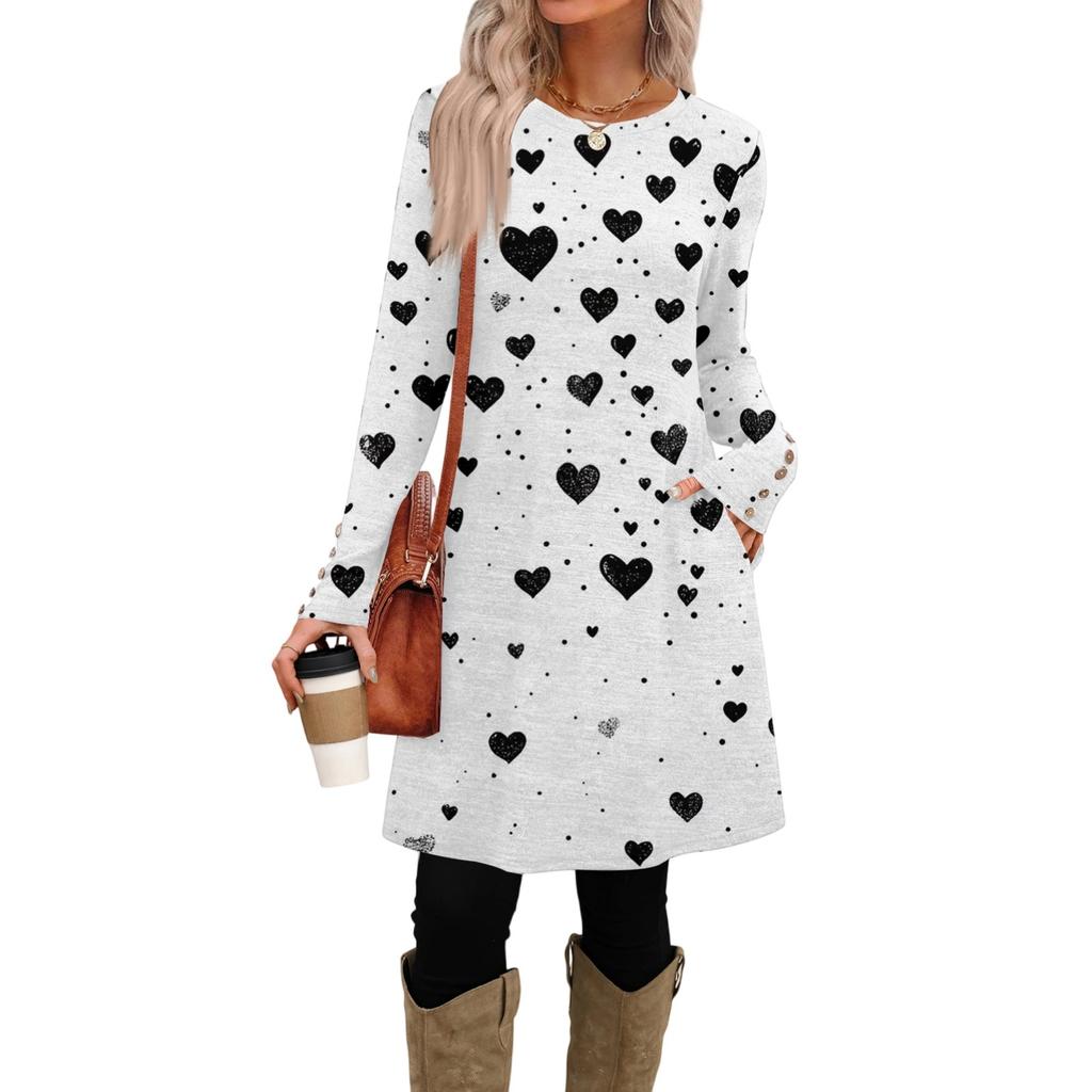 Damenmode lässiges Kleid mit Tasche, dekorativen Knöpfen, Rundhalsausschnitt, langen Ärmeln und Print