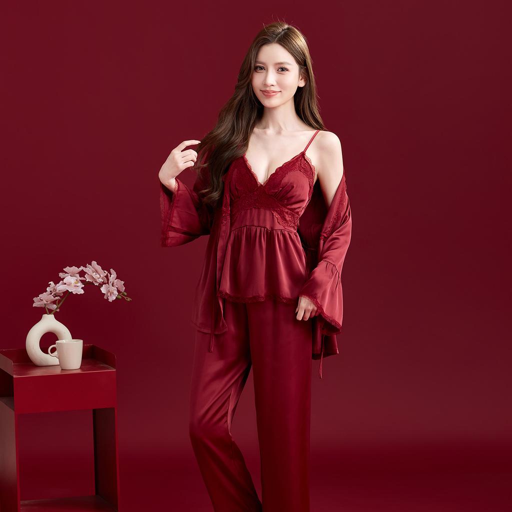 Pajamas couple wedding newlywed red men and women ice silk suspender nightgown morning gown long sleeve natal year silk suit