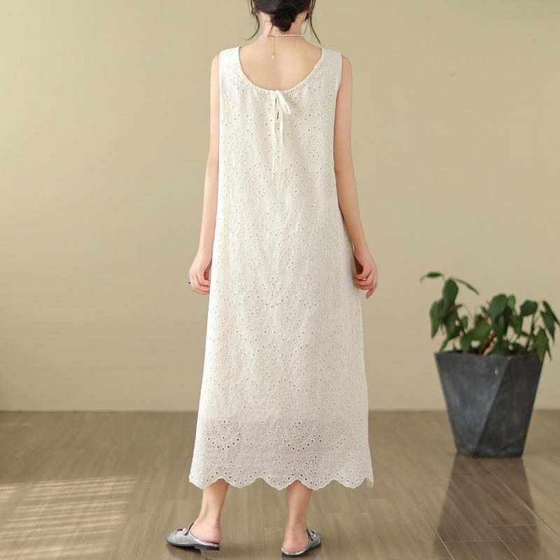 Summer New Large-size Literary Solid Color Hollow Medium and Long Casual Vacation Sleeveless Dress Women