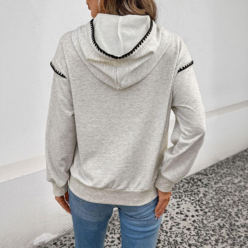 Cross-Border 2026 Women's Loose Color Block Piping Hooded Sweatshirt - New Korean Casual Style