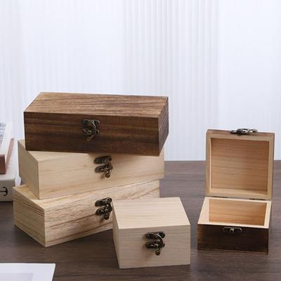 Paulownia Wood Square Wooden Box Vintage Metal Clasp Flip-top Lid