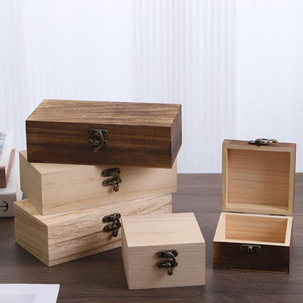 1Pcs Jewelry Storage Box 10x10x6CM Square Wooden Storage Box Retro Flip-Top Wooden Box Giving Box  With Lid Clasp Locking