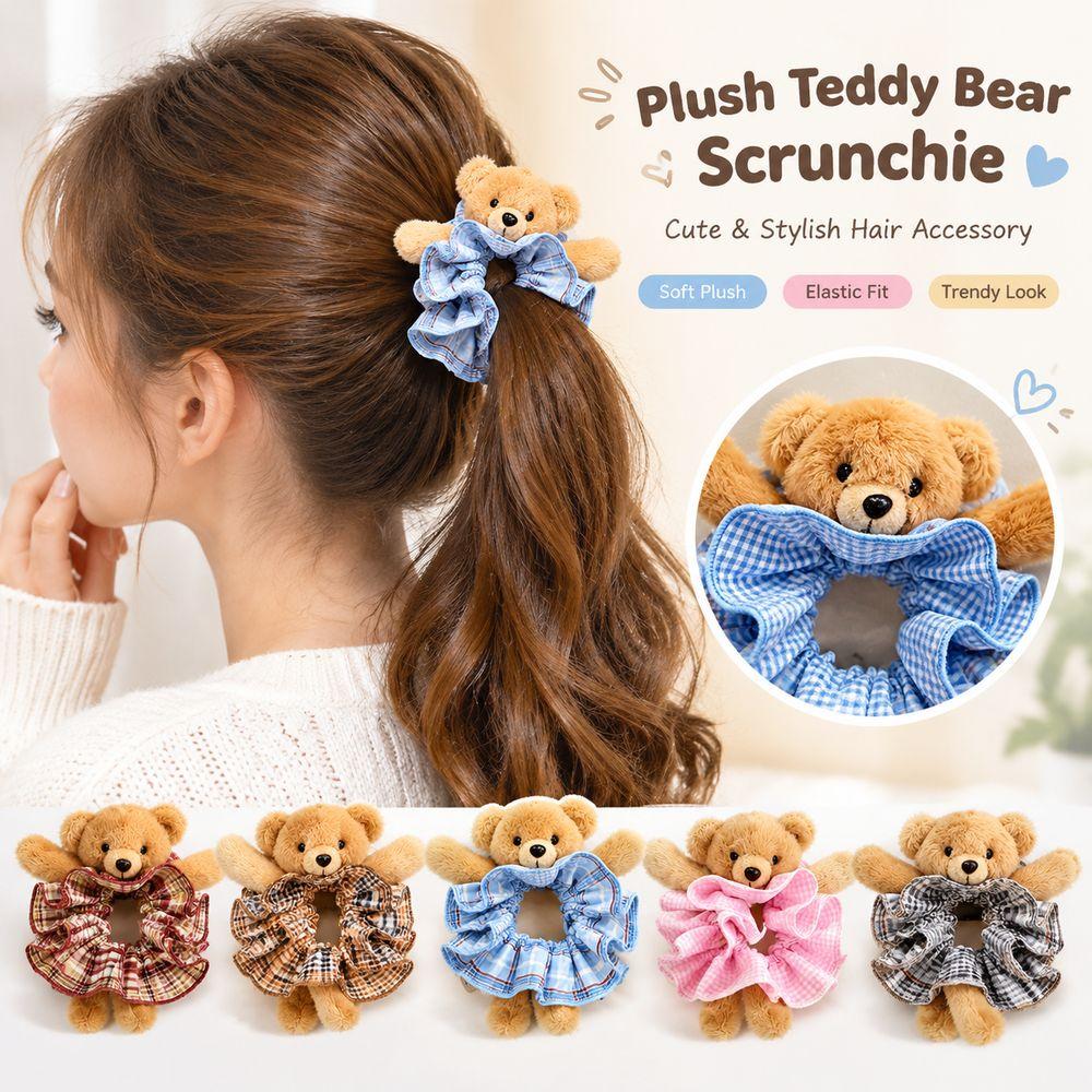 Gingham Plush Bear Scrunchie Scrunchie Hair Accessory Plush Hair Band Ear Fluffy Ponytail Holder