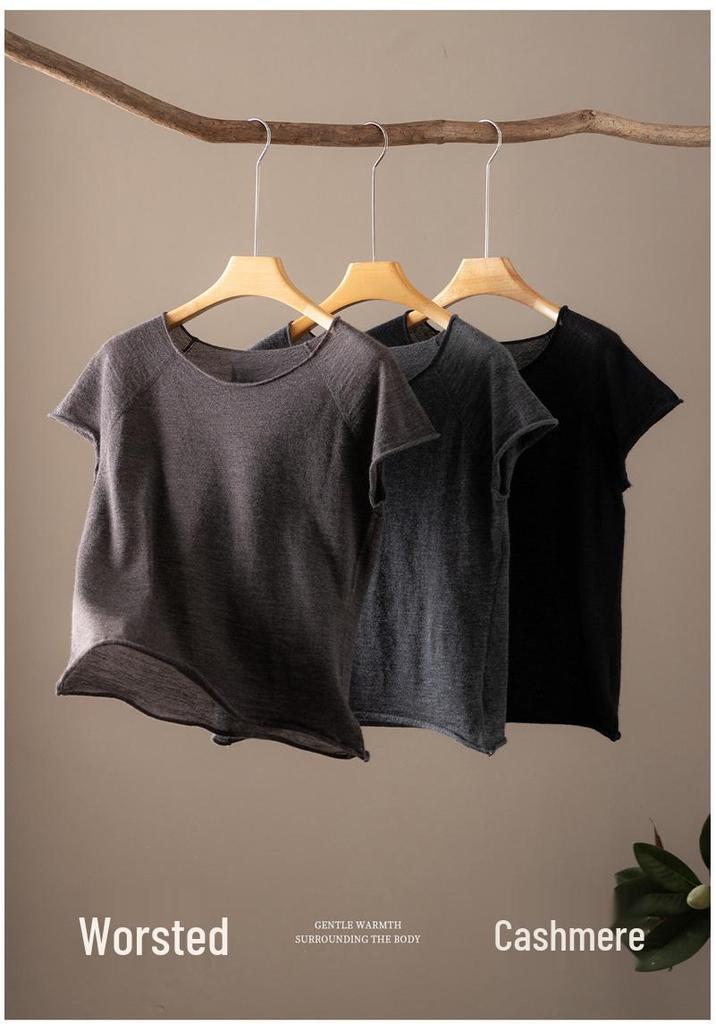 Women's 80-Count Cashmere Batwing Sleeve Knit Pullover - Spring/Autumn Thin Short Sleeve Style