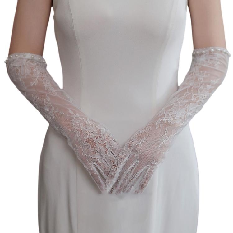 

Stylish Lace and Pearls Long Gloves Designed For Ladies Music Festival Outfit Wedding Gown Accessories 1