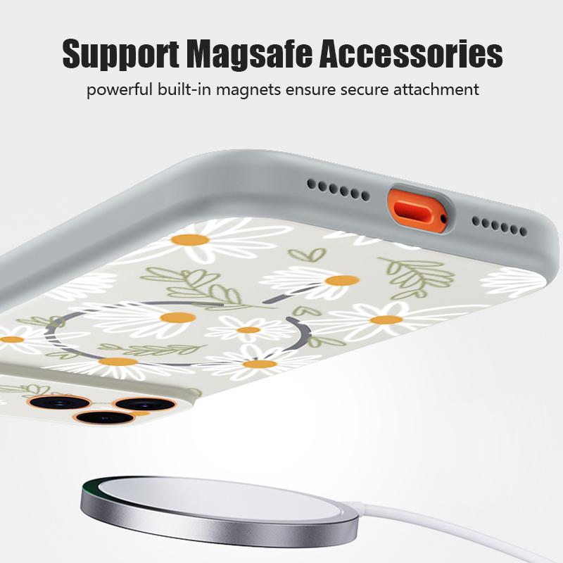 Cartoon Floral Pattern Case For iPhone 17 Pro Max Magnetic For Magsafe Hybrid Slim Matte Cover For iPhone 16 15 14 13 Pro Max Daisies Peach Blossom