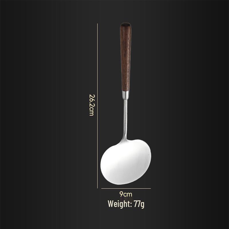 

Walnut Handle Stainless Steel Kitchen Utensil Set: Spatula, Wok Shovel, Stir-Fry Spoon, Soup Ladle, Thickened Colander.