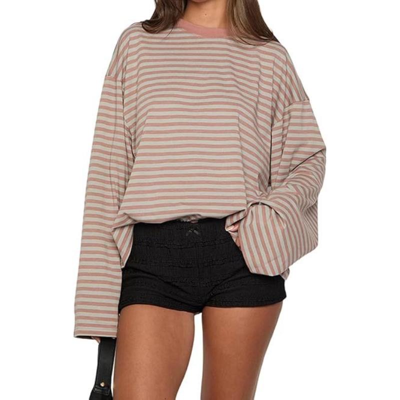 Women Retro T-shirt Long Sleeve Crew Neck Loose Ladies Fall Casual Striped Top Streetwear