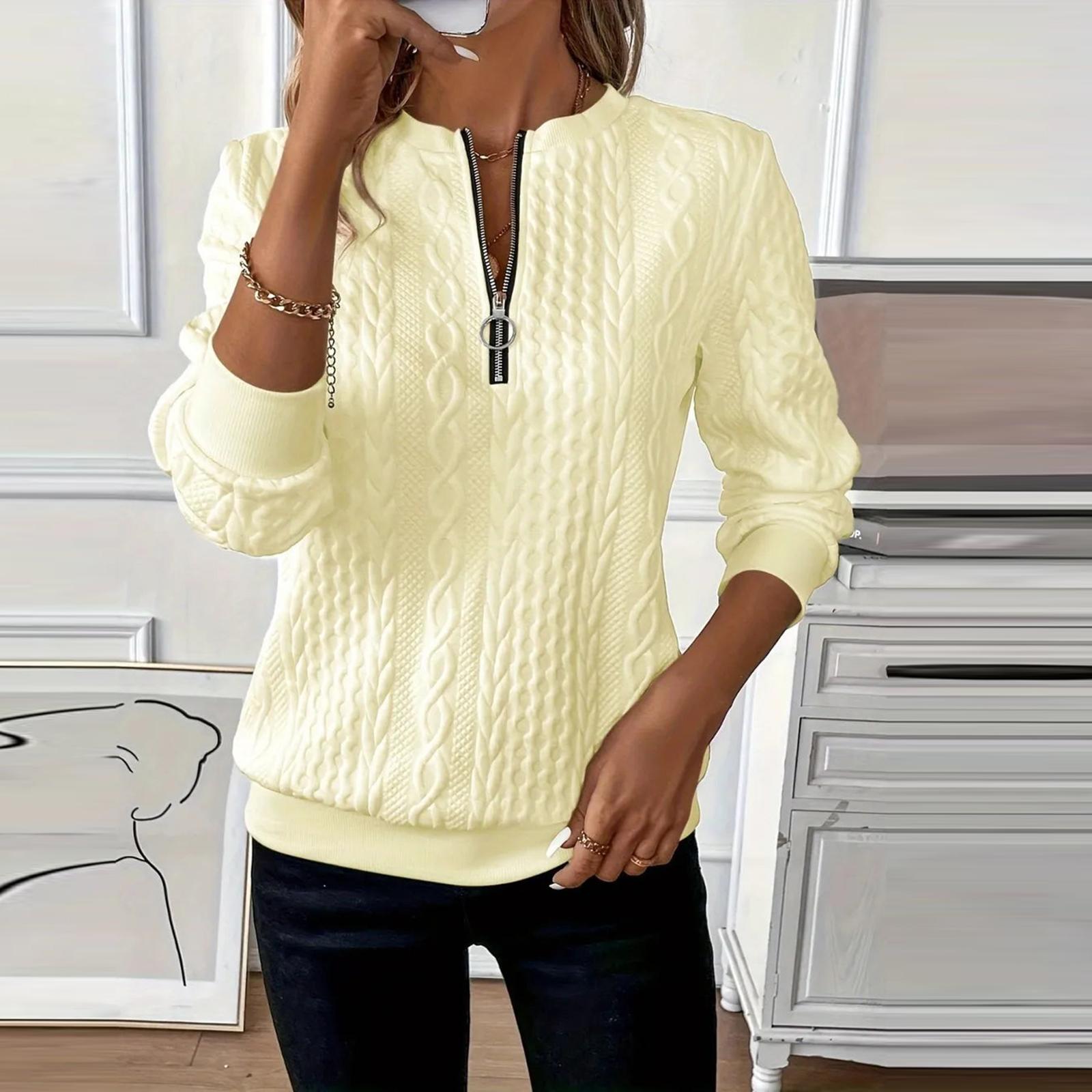 Women s Fashion Long-Sleeved -Colour Casual Pullover Slim-Fit Zipper Top L бежевый