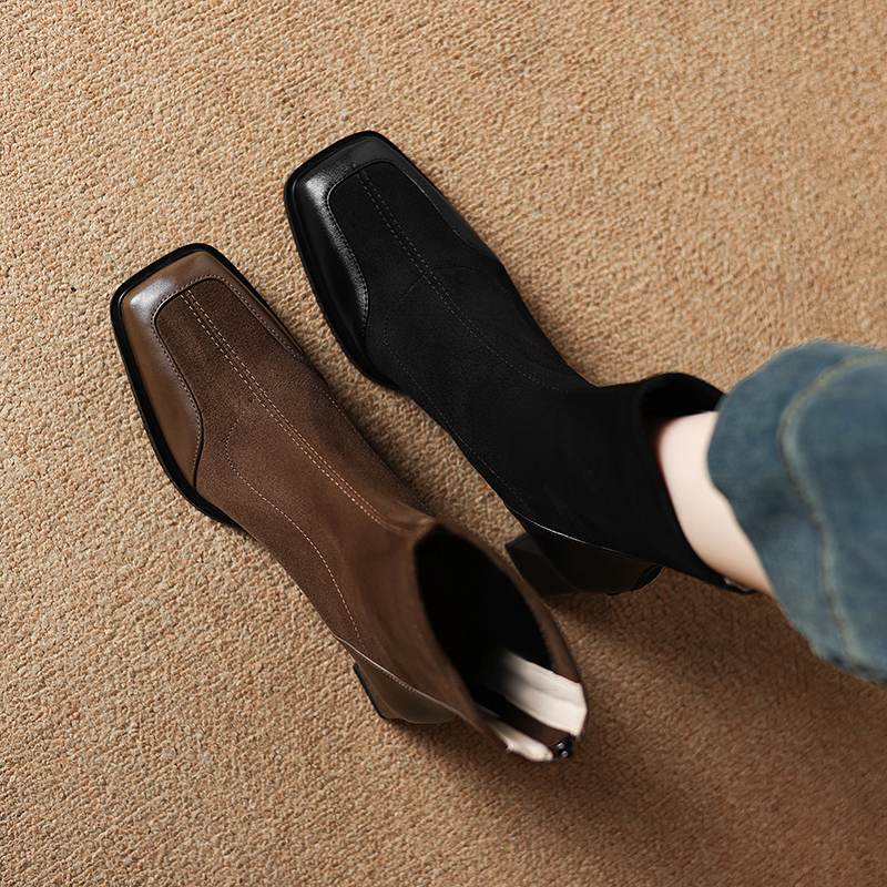 Krazing Pot Flock Autumn Winter Shoes Thick High Heels Big Size 40 Modern Boots Square Toe Keep Warm Zip Ankle Boots