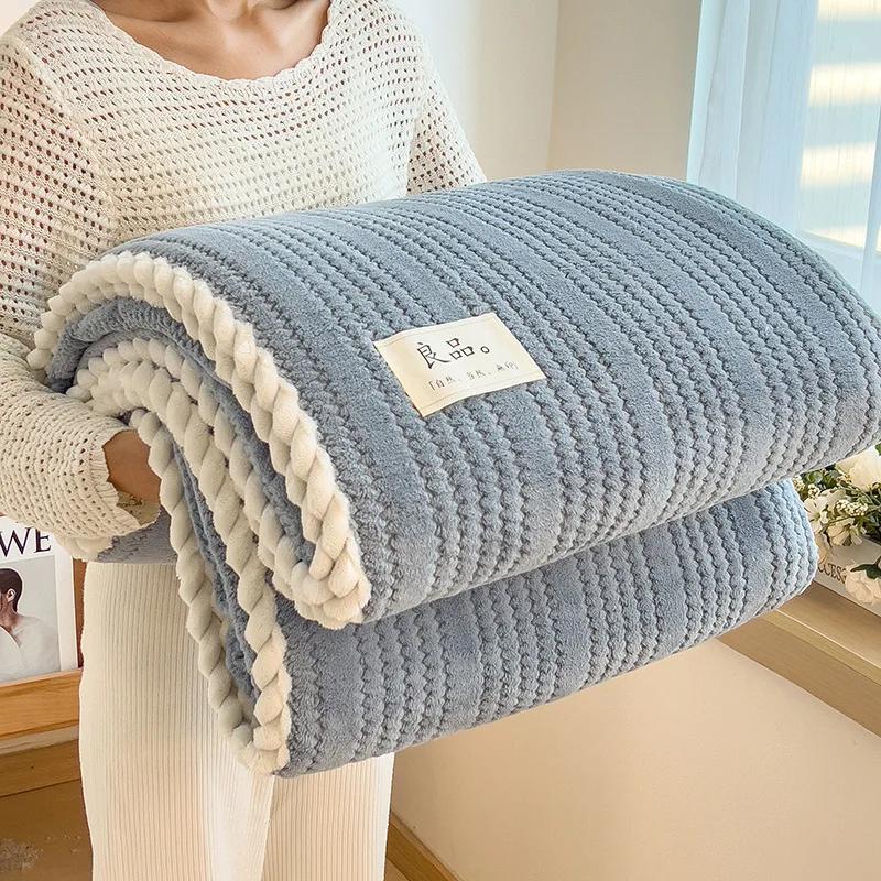 Solid Color Striped Blanket, Home Living Room Sofa Bedroom Decorative Blanket Multifunctional Travel Thicken Warm Throw Blankets