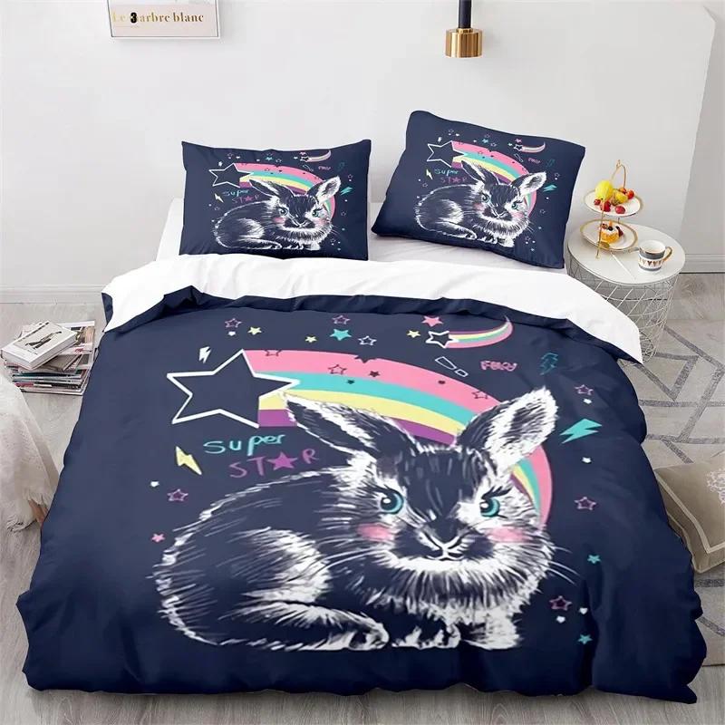 Cartoon Animal Cute Rainbow Rabbit Bedding Set Single Twin Double Queen King Cal King Size Bed Linen Set