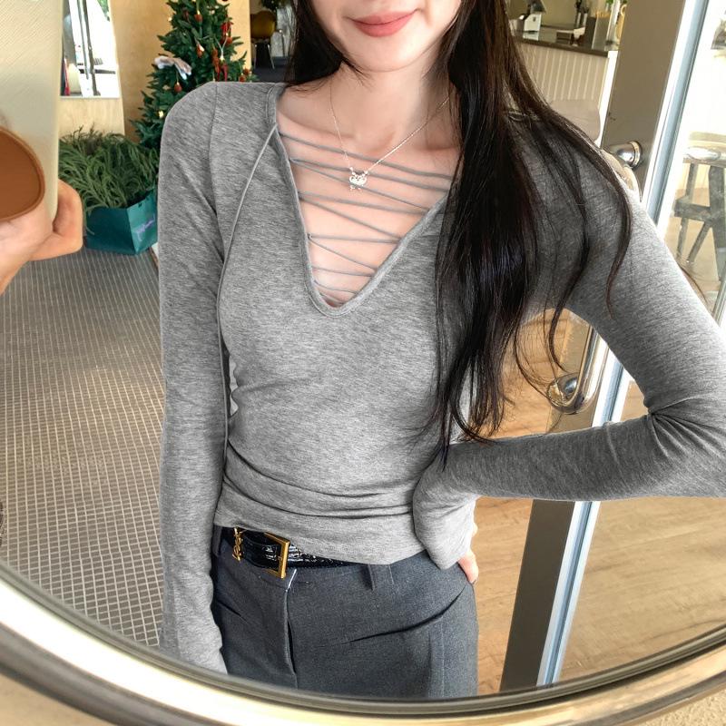 Women s Lace-up Deep V-neck Lyocell Tencel Wool Slimming Base Layer Top Small хизер серый