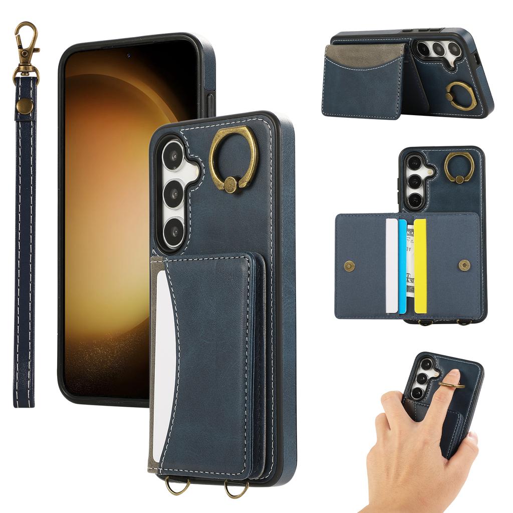 For Samsung Galaxy S24 PU Leather Back Case Card Holder Kickstand Phone Cover with Wrist Strap