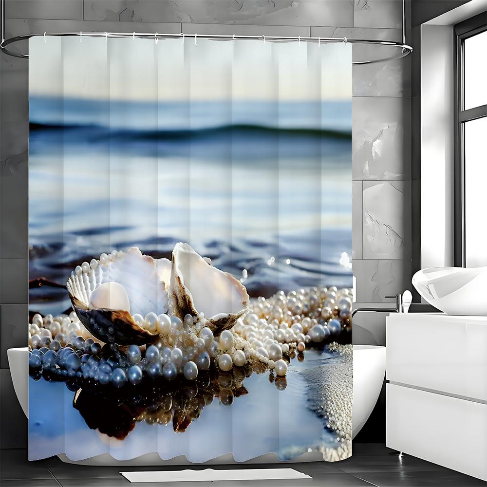 Závěs do sprchy Ocean Beach Shell Pearl, Dekorační závěs do sprchy do koupelny, Vodotěsný závěs do sprchy s háčky