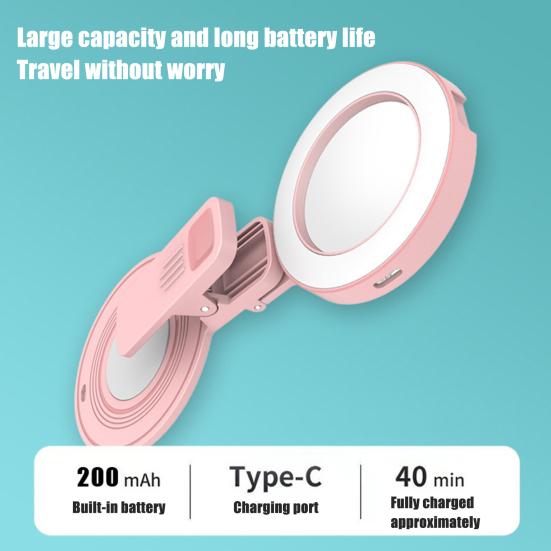 Luce ad anello LED per selfie, design girevole a 180 gradi, super luminosa, 3 modalità, ricaricabile, luce magnetica per selfie, luce di riempimento per trucco con specchio
