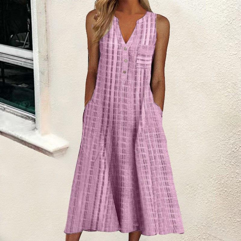 European and American summer new women's clothing, fashionable pocket V-neck striped sleeveless casual dress