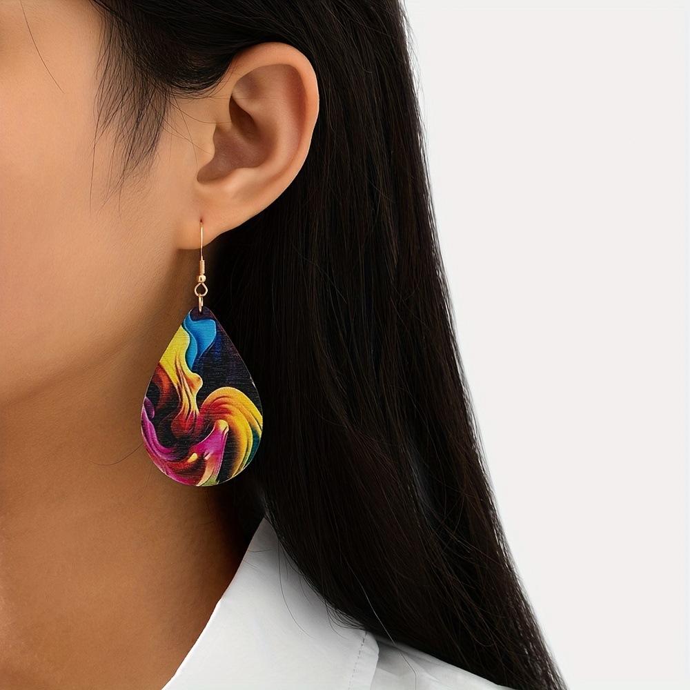Personality Trend Painting Oil Painting Wood Earrings Design Forest Guitar Retro Oil Painting Ethnic Women