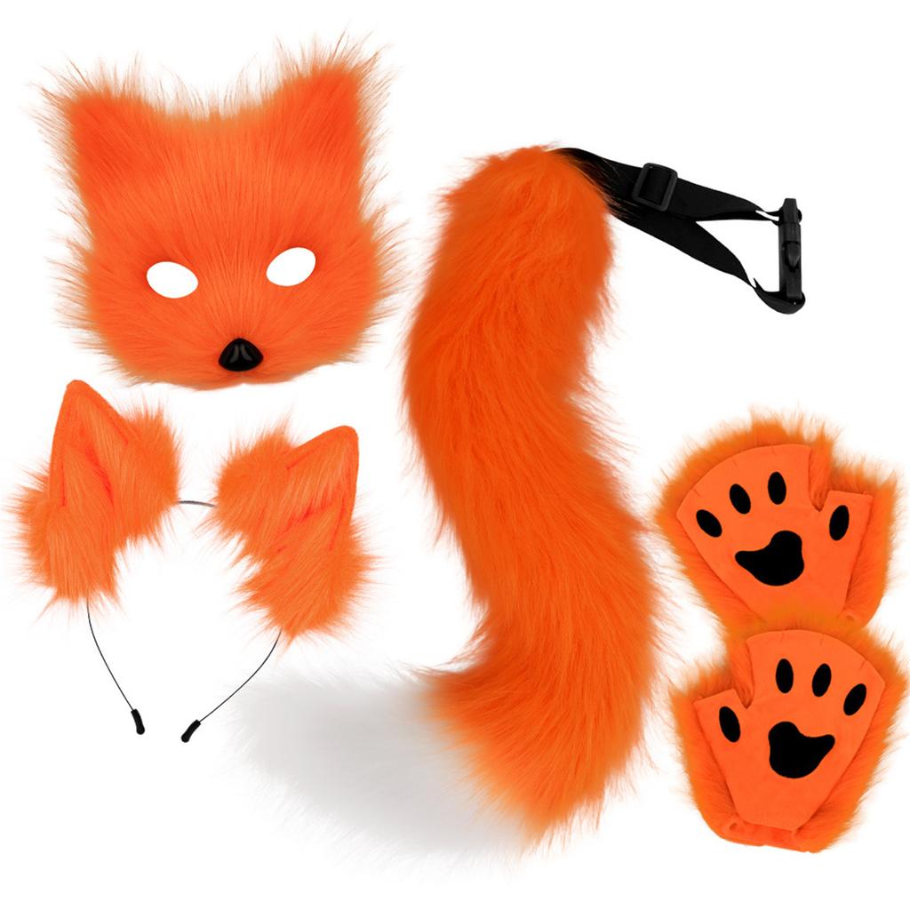 Wolf Foxes Costume with Plush Animal Face Mask, Headband, Plush Glove Animal Tail Costume for Children Adult Halloween