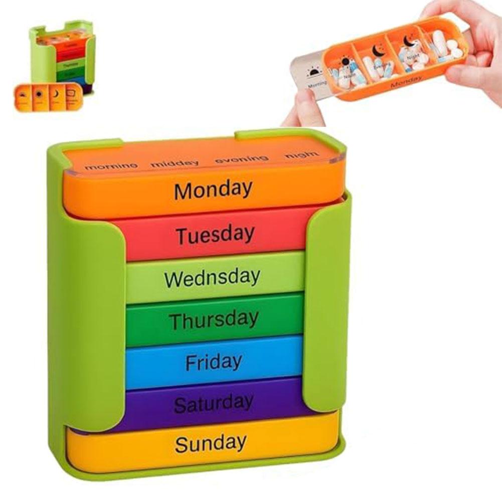 Weekly Pill Organizer with 28 Individual Drawer Compartments Supporting Morning Afternoon Evening and Bedtime Dosing 12.2x11x5cm