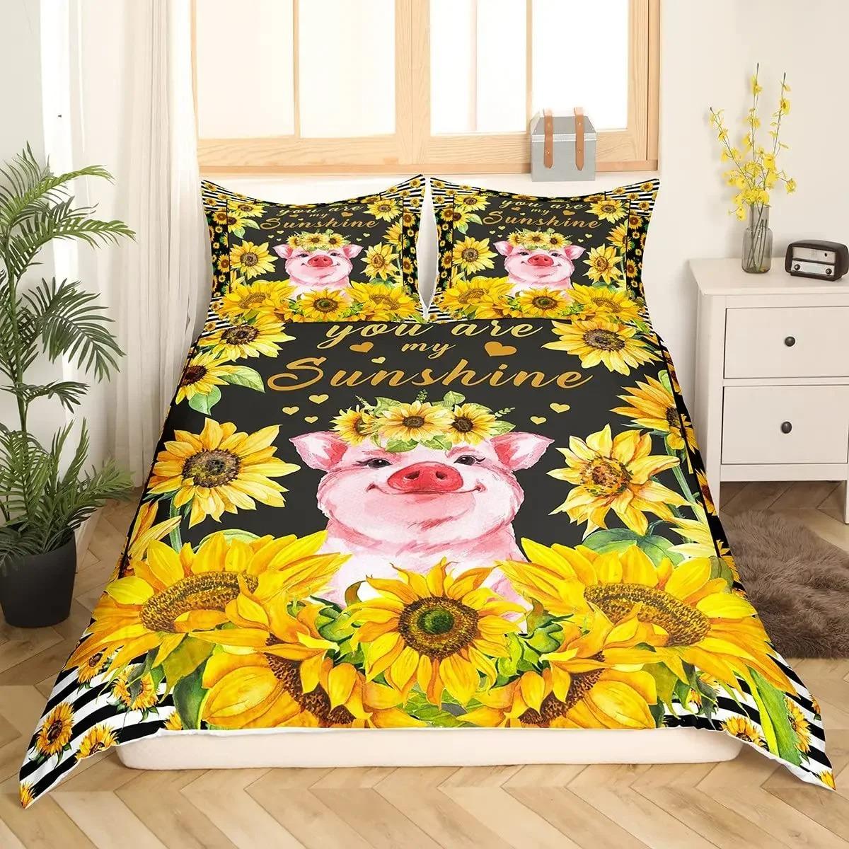 

Pink Pig Duvet Cover King Queen Size Cartoon Farm Animal Bedding Set for Kids Yellow Sunflowers Polyester 70x133cm 2pcs