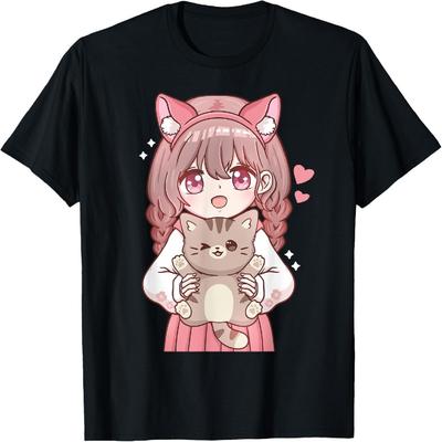 Anime Girl with Cat Kawaii Cat Lover Otaku T-Shirt