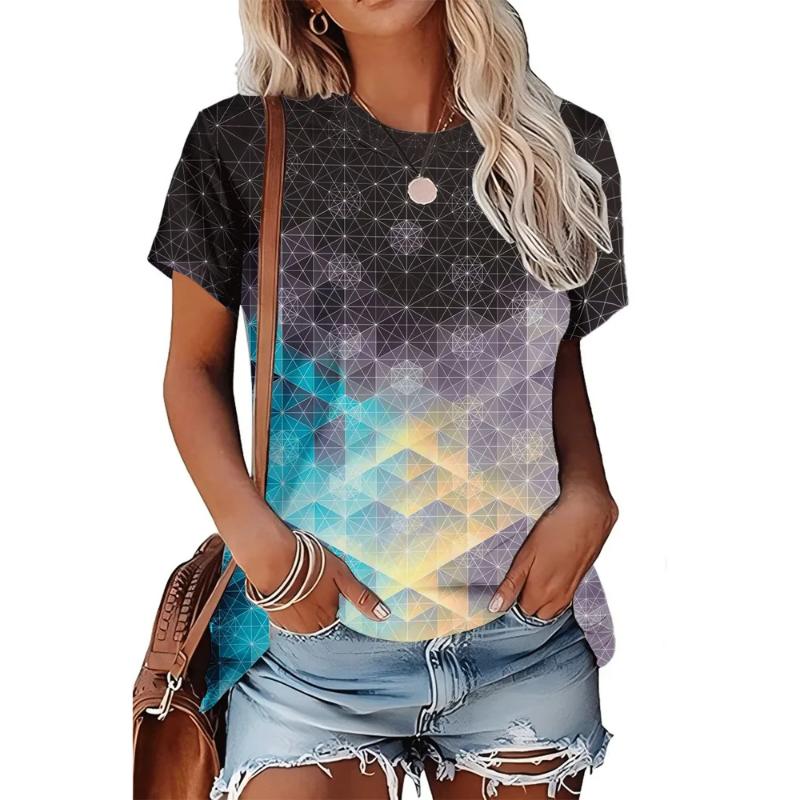 Moda Donna Girocollo Manica Corta Stampa Colore 3D Casual T-shirt Casual a Manica Corta Girocollo