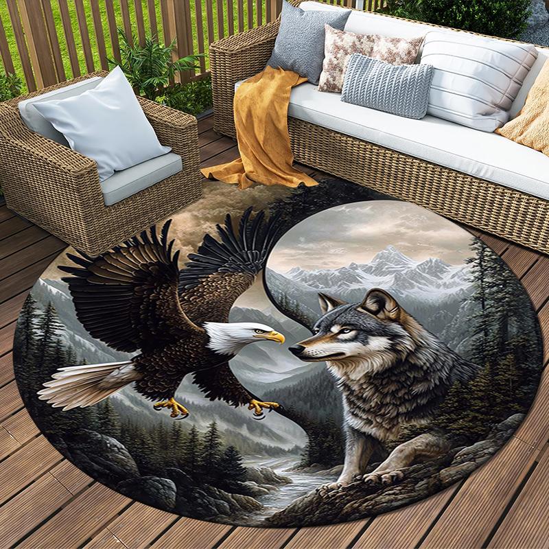 Bull Wolf Round Area Rug,Carpet Rug for Living Room Bedroom Sofa Playroom Decor,Non-slip Floor Mat
