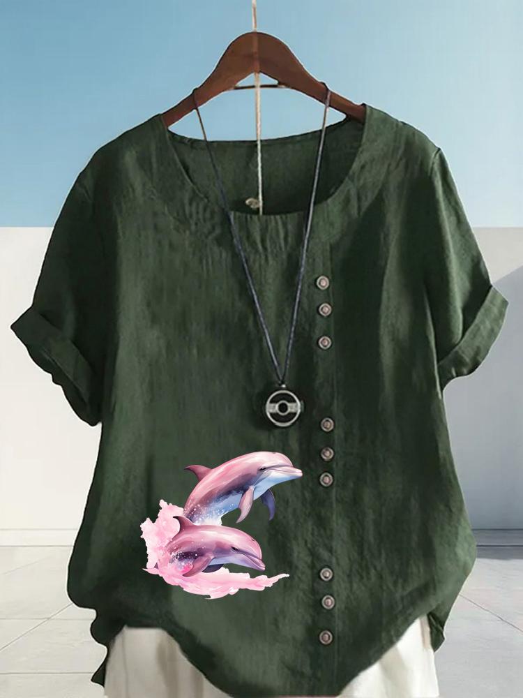 Women's Fashion Couple Dolphin Print Round Neck Short Sleeve T-shirt Summer Casual Cotton Linen Graphic Shirt Leisure Loose Blouse Tops
