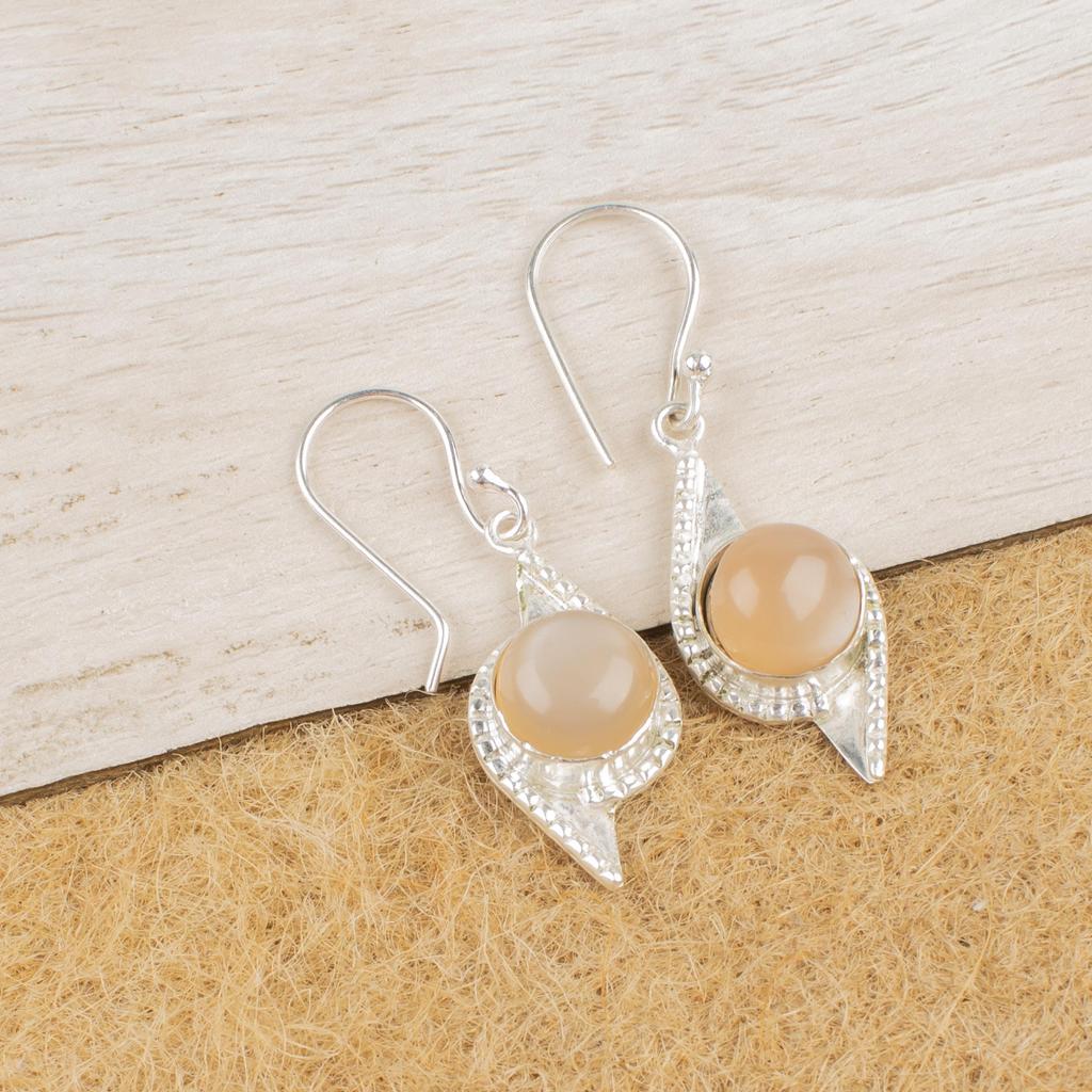 Peach Moonstone Gemstone Jewelry, 925 Solid Sterling Silver Earrings, Handmade Meditation Earrings For Wedding Gift