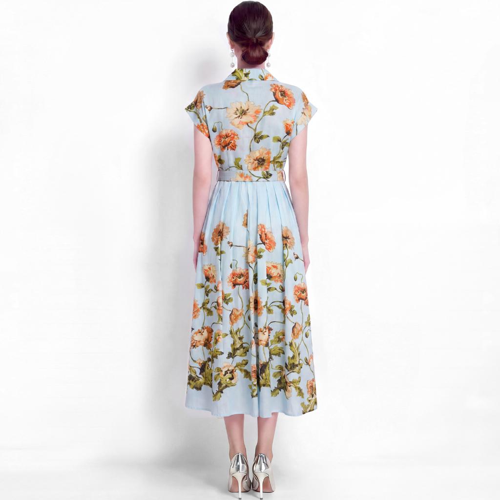 Elegant Floral Print Midi Shirt Dress for Women Summer Cap Sleeve Lapel Button Down Waist Belt A-Line Dress Holiday Outfits