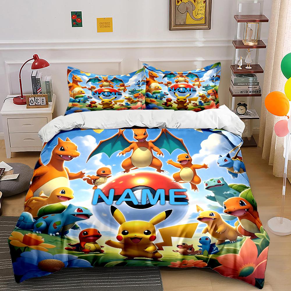 3PC Custom Name Pokemon Cartoon Print Bedding Set Duvet Cover 1 Duvet Cover 2 Pillowcases Adult and Children Bedding Set Luxury