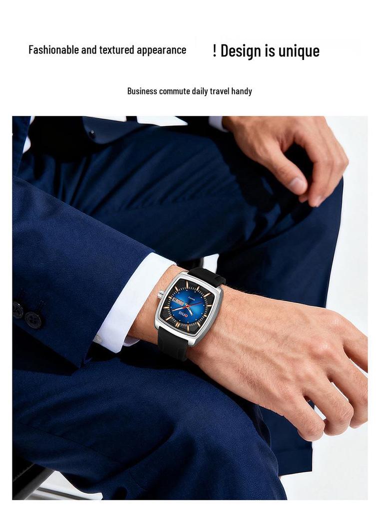 OFNS Men's Quartz Watch - Barrel-Shaped Steel, Silicone Strap, Waterproof, Luminous, Double Calendar, Trendy Casual Design