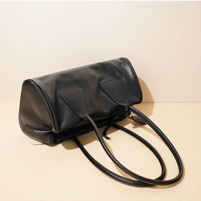 Women's Vintage Waxed Genuine Leather Underarm Bag, Long Cylinder Commuter Shoulder Bag, Baguette Pillow Handbag