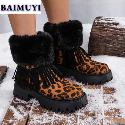 Leopardenfell Fransen Plateau Damenschuhe Mid Heels Schneestiefeletten 2025 Trend Designer Warme Chelsea Stiefel Neue Pumps Mujer Botas