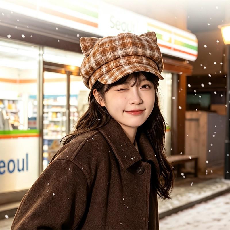 Autumn and winter Japan and Korea retro hat women's plaid simple versatile octagonal hat literary and sweet commuter newsboy hat