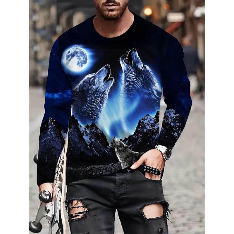 Pánské Vintage Tričko s Dlouhým Rukávem Podzim Volné Prodyšné Top s Potiskem Lva Kulatý Výstřih Každodenní Módní Oblečení Pánské Streetwear