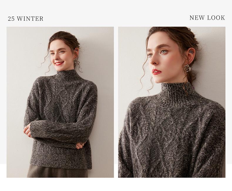 Elegant Goddess Floral Cashmere Sweater - 2025 Autumn/Winter Women's Half-High Neck, Diamond Pattern Knit