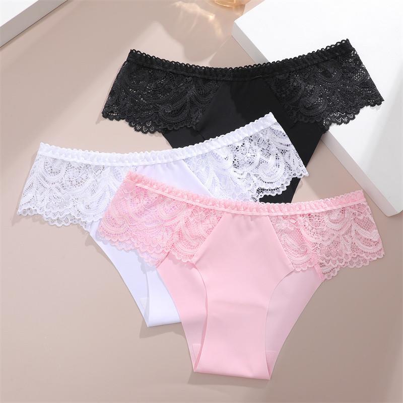 FINETOO Woman Ice Silk Panties Soft Briefs Lace Comfortable and Breathable Lingerie